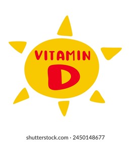 Vitamina D. Sun. Diseño plano. Ilustración dibujada a mano sobre fondo blanco.