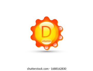 Vitamin D. Sun icon natural organic products with the maximum content of vitamin d yellow capsule. Vector isolated or white background 