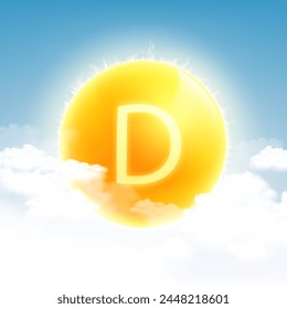 Vitamin D sun shining in the sky with clouds. Stock vector illustration.