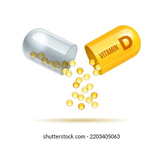 Vitamin D supplement for health. Capsule with yellow granules, healthy diet symbol. Vector illustration, medical vitamins minerals supply