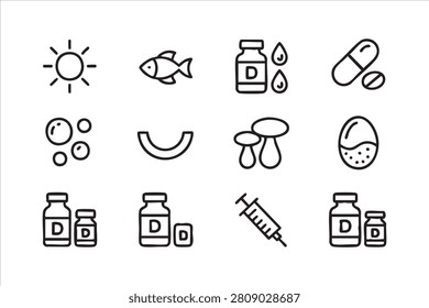 Vitamin D Supplement Line Icon Set with Health and Nutrition Symbols
