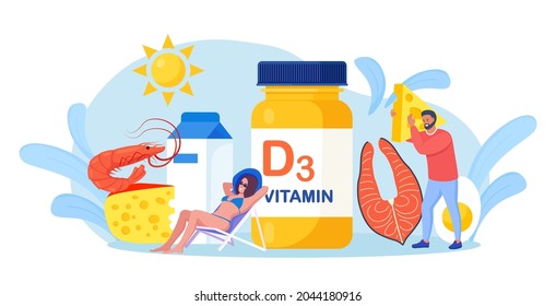 Vitamin D. Tiny people with fish, bottle of vitamins, cheese, milk, shrimp, eggs. Woman sunbathing and using food supplements for deficiency reduction. Wellbeing and health. Vector illustration