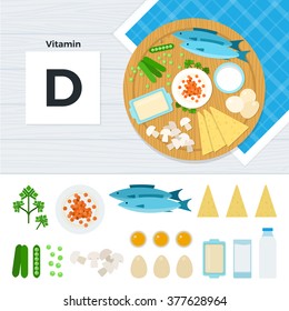 Vitamin D vector flat illustrations. Foods containing vitamin D on the table. Source of vitamin D: beans, eggs, milk, fish, cheese, parsley isolated on white background