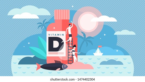 Vitamin D vector illustration. Flat tiny source collection persons concept. Healthy fatty fish, medicine and sunbathing usage for deficiency reduction. Organic liver oil supplement and skin synthesis.