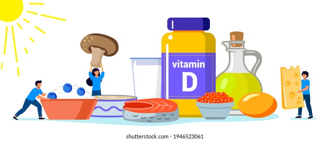 Vitamin D vector illustration Healthy eating and diet Different food rich of vitamin Organic liver oil supplement and skin synthesis Dietetic organic nutrition Food supplement and health care concept