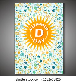 Vitamin D vertical poster. Vector illustration in bright colors. World event awareness concept. Medical, scientific and educational graphic material useful for brochure cover, leaflet or print design.