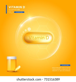 vitamin d, yellow capsule. yellow bubble, realistic vector illustration design.