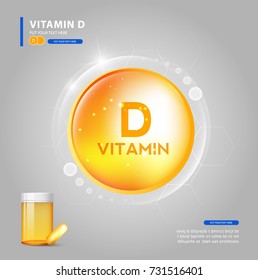 vitamin d, yellow capsule. yellow bubble, realistic vector illustration design.