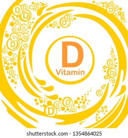 Vitamin d. Yellow capsule. Yellow bubbles.  Health care concept. Flat benefit design. Icon isolated white background. Medical image. Vector illustration