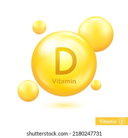 Vitamin d yellow capsule. Vector golden bubble. Vitamin complex for beauty treatment nutrition skin care. Medical and scientific theme. 3d realistic vector EPS10