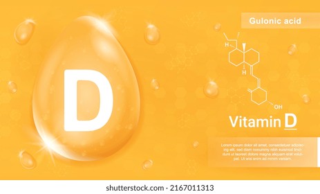 Vitamin D yellow. Micronutrients and healthy lifestyle. Poster or banner for pharmacy website. Healthy eating and proper nutrition. hemical formula of gulonic acid. Flat vector illustration