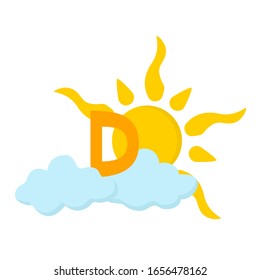 Vitamin D with a yellow sun and clouds stylized as a cartoon style. Concept for preventing vitamin deficiency in medical booklets