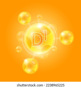 Vitamin D1 and atom molecule collagen serum chemical formula orange with oxygen bubble. Shield protection skin care anti age. Nutritional supplement multivitamin complex. 3D vector.