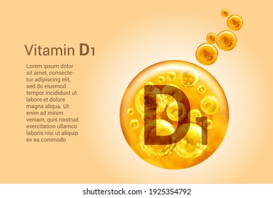 Vitamin D1. Baner with vector images of golden balls with oxygen bubbles. Health concept.
