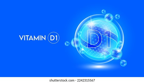 Vitamin D1 and bubble atom molecule collagen serum chemical formula shield protection skin. Skincare anti age nutrition supplement multivitamin complex. On blue background. 3D vector.