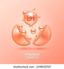 Vitamin D1 complex and Minerals float out of the capsule isolated on orange background. Dietary supplement for pharmacy advertisement, package design. Vector EPS10.