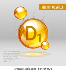 Vitamin D1 gold shining pill capcule icon . Vitamin complex with Chemical formula, group D, cholecalciferol. Shining golden substance drop. Meds for heath ads. Vector illustration 