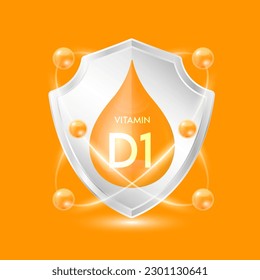 Vitamin D1 orange drop inside aluminum shield with atom surround. Minerals and vitamins complex protect the body stay healthy. For nutrition products food. Vector EPS10 illustration.