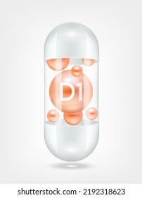 Vitamin D1 orange inside capsule pill transparent white. Health care beauty enhancement neutralize free radicals. Used for nutrition products food template design. 3D Realistic Vector EPS10.