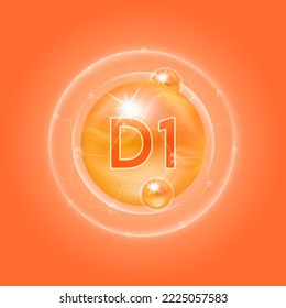Vitamina D1 naranja. Complejo de vitaminas y fórmula química sérica de colágeno de burbujas. Para el diseño de suplementos alimenticios y tratamiento de belleza cuidado de la piel. Conceptos médicos y científicos. EPS10 vectores 3D.