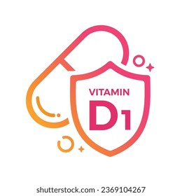 Vitamin D1 Pill Shield icon Logo Protection, Medicine heath Vector illustration
