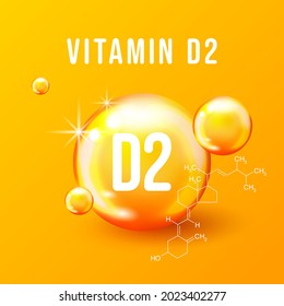 Vitamin D2 chemical formula vector illustration. Vitamin D2 capsule. Vector icon for health. Gold shining pill. Vitamin D2 capsule. Vector icon for health. Gold shining pill