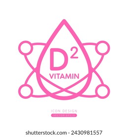 Vitamina D2 cuentagotas icono rosa con moléculas circundantes forman línea simple. Aislado sobre un fondo blanco. Concepto de símbolo médico. Diseño para uso en aplicaciones web móviles y medios impresos. Vector.