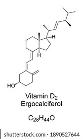 Vitamin D2, ergocalciferol, chemical structure. Found in food and used as dietary supplement to treat and prevent vitamin D deficiency. Skeletal and structural formula. Illustration over white. Vector