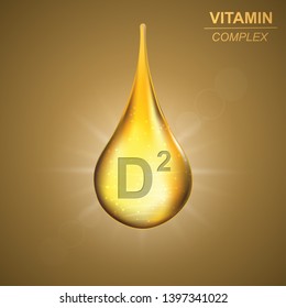 Vitamin D2 gold shining drop icon .Ergosterol Vitamin complex background