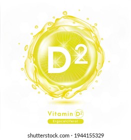 Vitamin D2, Green shining pill capsule. Vitamin complex with Chemical formula.  Meds for health ads. Beauty treatment nutrition skin care design. Vector illustration.