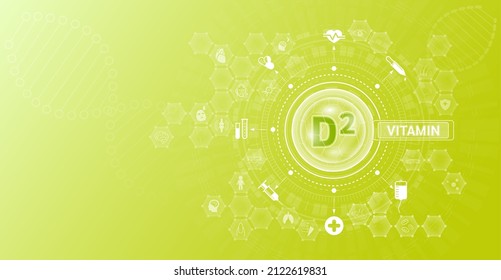 La vitamina D2 y los minerales complementan las cápsulas farmacéuticas complejas. Vitaminas fuentes de alimentos y funciones. La atención de la salud y la ciencia son íconos de la innovación médica. En un fondo verde. EPS vectorial 10.