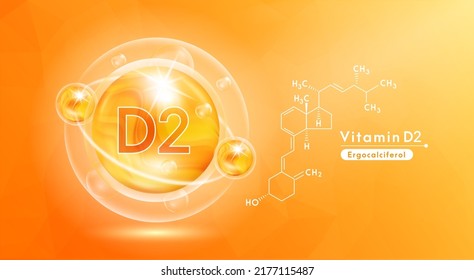 Vitamin D2 orange and structure. Pill vitamins complex and bubble collagen serum chemical formula. Beauty treatment nutrition skin care design. Medical and scientific concepts. 3D Vector EPS10.