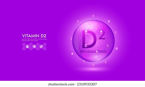 Vitamin D2 purple solution or Ergocalciferol. Innovation repair maintain bright skin care anti aging. Vitamins complex and collagen serum. For medical beauty treatment nutrition cosmetic design.