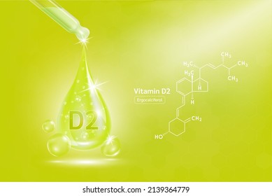 Vitamin D2 serum liquid gel in dropper and structure. Cream collagen complex with chemical formula from nature skin care vitamins. On green background 3D realistic vector. Medical scientific concept.