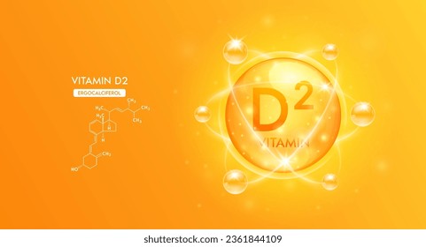 Vitamin D2 with structure chemical formula. Bubble collagen serum orange and Vitamins complex for cosmetics design. Medical concepts. Beauty treatment nutrition skincare. 3D Vector.