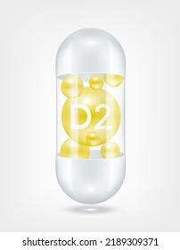 Vitamin D2 yellow inside capsule pill transparent white. Health care beauty enhancement neutralize free radicals. Used for nutrition products food template design. 3D Realistic Vector EPS10.