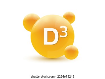 Icono de vitamina D3 3d. Caída del círculo, cápsula o píldora aislada sobre fondo blanco. Diseño de burbujas moléculas. Ilustración vectorial.