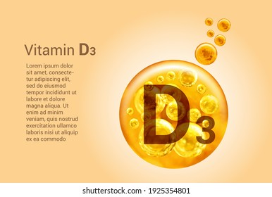 Vitamina D3. Baner con imágenes vectoriales de bolas doradas con burbujas de oxígeno. Concepto de salud.