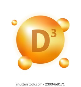 Vitamin D3 Cholecalciferol. Ascorbic acid. Vitamin D3 yellow. Medicine advertising. Beauty treatment nutrition skin care design. Beauty and health concept. Golden substance drop. Vector illustration