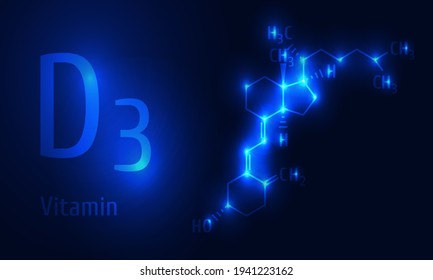 Vitamin d3 cholecalciferol chemistry formula on dark blue background, vector illustration. 