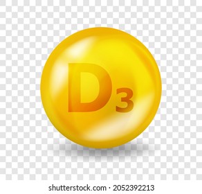 Vitamin D3 Cholecalciferol. Vitamin complex illustration concept. D3 Cholecalciferol pill capsule. 3D Yellow drug nutrition design