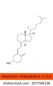 Vitamina D3 Colecalciferol Estructura esquelética y fórmula molecular. Biomolécula orgánica, ilustración vectorial aislada