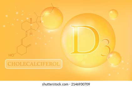 Vitamin, D3, cholecalciferol, water drops, capsule on an orange gradient background. Vitamin complex with chemical formula. Information medical poster. Vector illustration