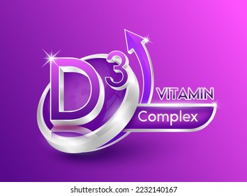 Vitamin D3 in circle shape purple with arrow. Used for designing dietary supplements or beauty products. Medical concepts. Isolated 3d icon. Vector EPS10 illustration.