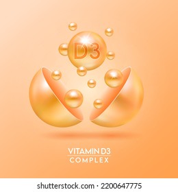 Vitamin D3 complex and Minerals float out of the capsule isolated on orange background. Dietary supplement for pharmacy advertisement, package design. Vector EPS10.