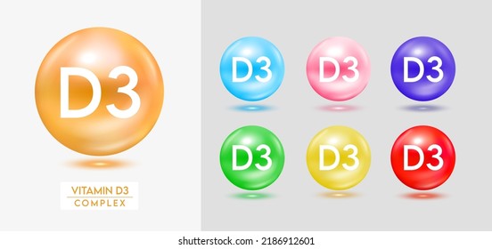 Vitamin D3 complex. Set of colorful balls multivitamins capsules minerals isolated on grey background. Dietary supplement for pharmacy advertisement, package design. Vector EPS10.