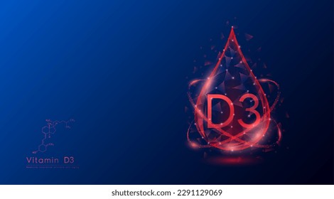 Vitamin D3 drop red low poly and structure chemical formula. Medicine science innovative. Multivitamins complex collagen supplement skincare anti aging. Cosmetics nutrition banner design. Vector.