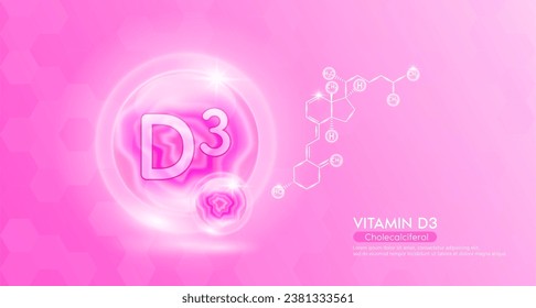 Vitamin D3 essential supplement to the health body. Pink vitamins complex and chemical formula structure. Minerals collagen serum. Beauty nutrition skin care design or cosmetic. 3D vector.