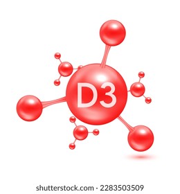 Vitamin D3 in the form of atoms molecules red glossy. Icon 3D isolated on white background. Minerals vitamins complex. Medical and science concept. Vector EPS10 illustration.