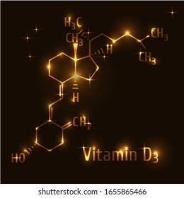 Vitamin D3 formula gold on dark background.Vector illustration. Chemistry, science, health, biology. Atomic, molecula structure.